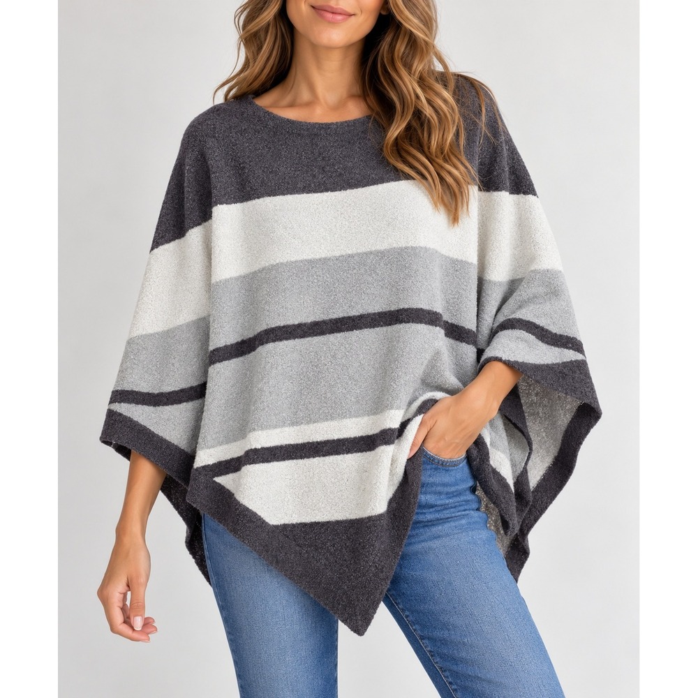 Barefoot Dreams CozyChic Ultra Lite Ocean Breeze Poncho Blue Water Stripe NWT
